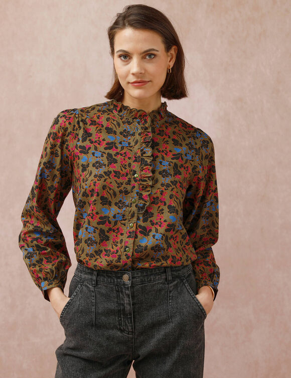 Chemisier col volanté, imprimé fleurs (vert olive) Chemisier col volanté, imprimé fleurs (vert olive)